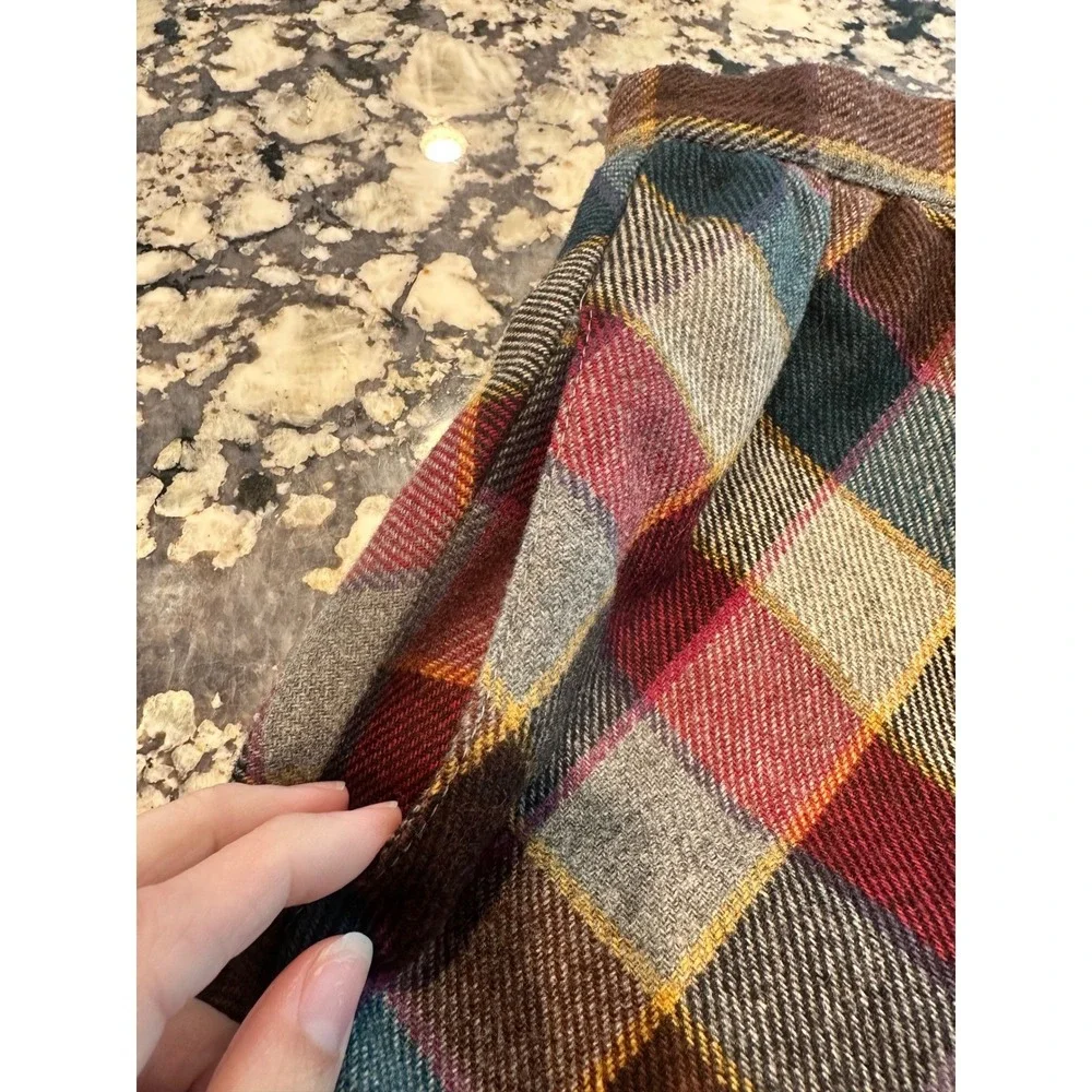 Vintage Koret Plaid Wool Blend Midi Skirt Burgundy Teal Made in USA Size 25 inch